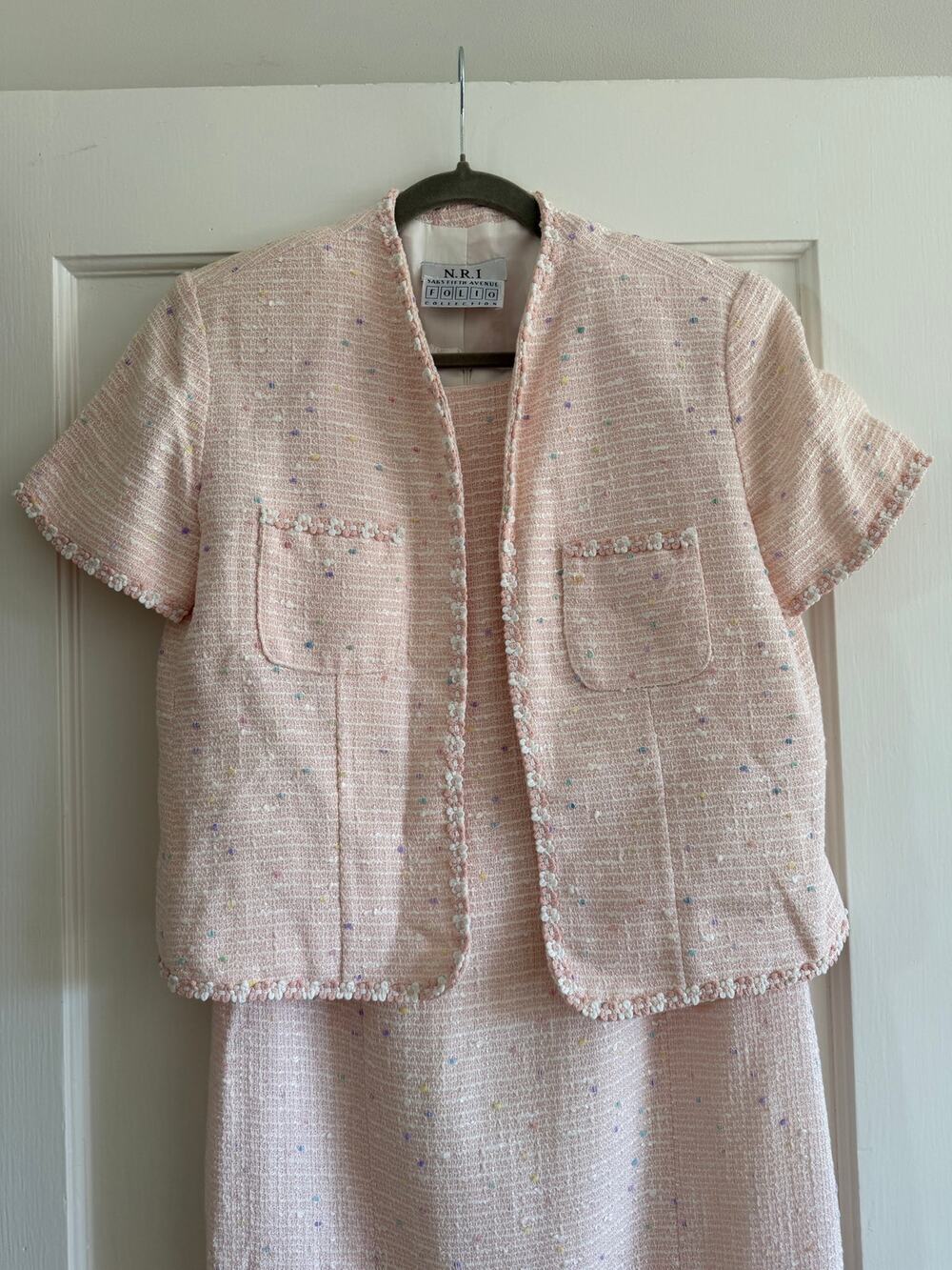 Vintage Saks Fifth Avenue Folio N.R.I. Pastel Tweed Dress & Cropped Jacket Set